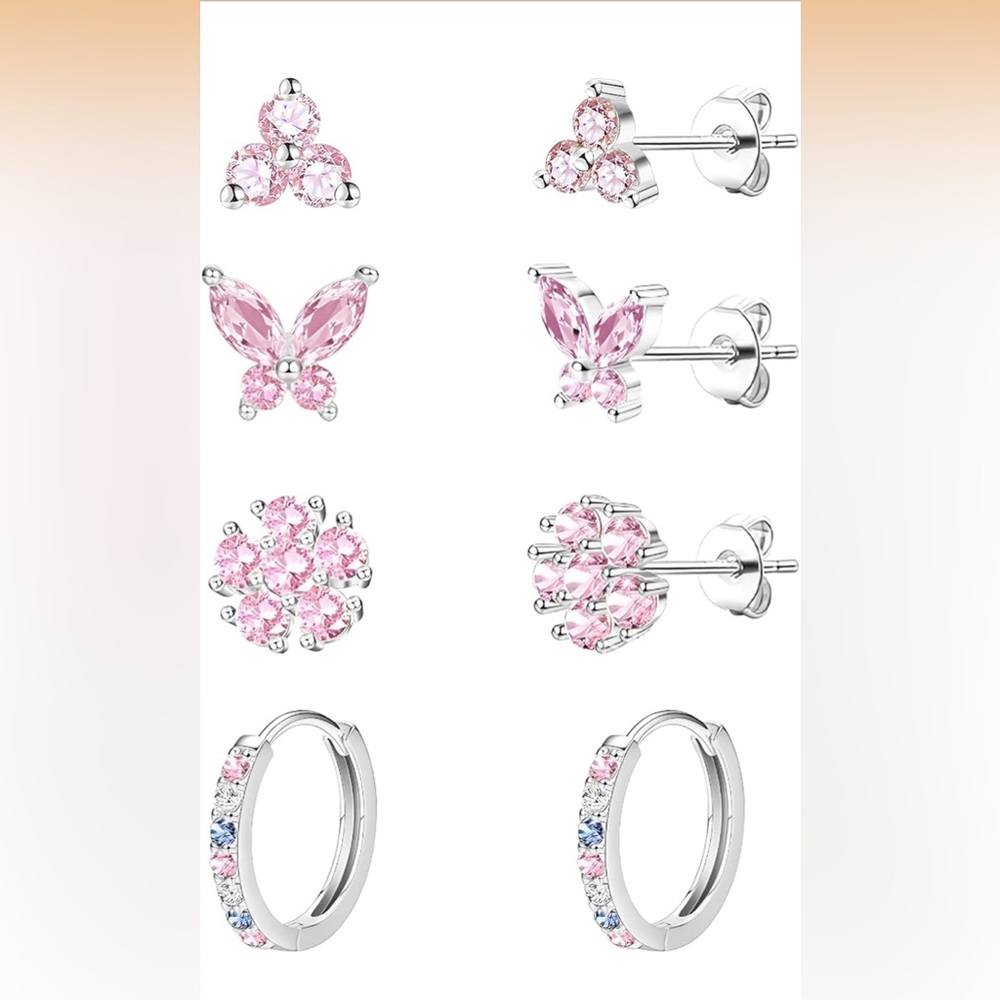 Elegant Pink and Silver Earring Set hypoallergenic girls women 14k gold plated